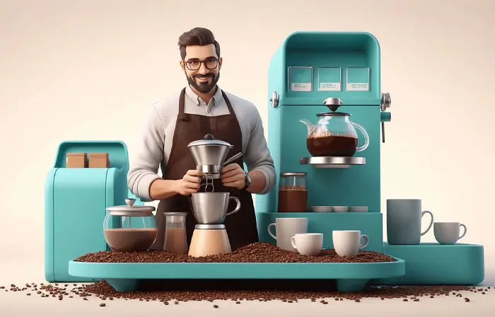 Elegant 3D Character Design Illustration of a Male Barista Making Coffee